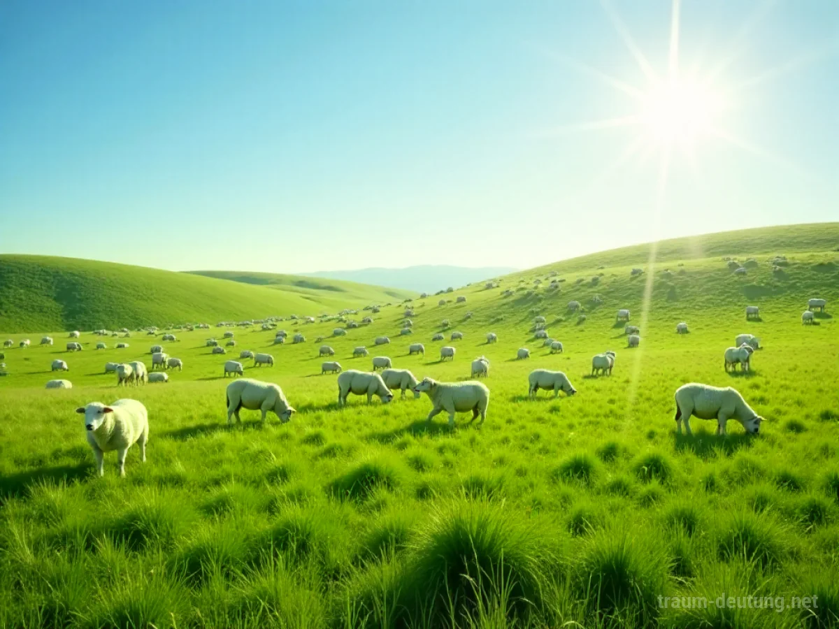 Viele weiße Schafe auf einer grünen Weide unter blauem Himmel