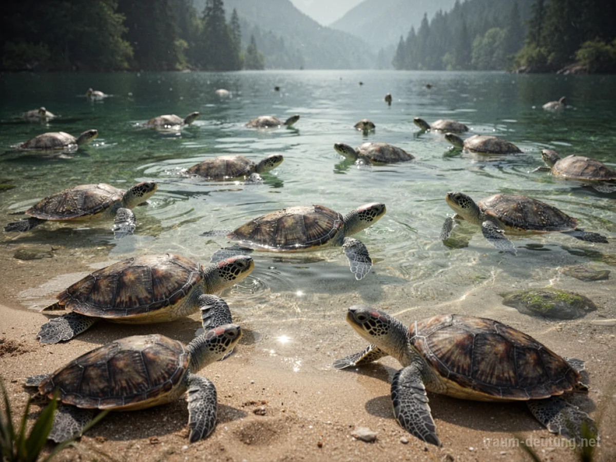 Viele Schildkröten im Wasser und am Ufer