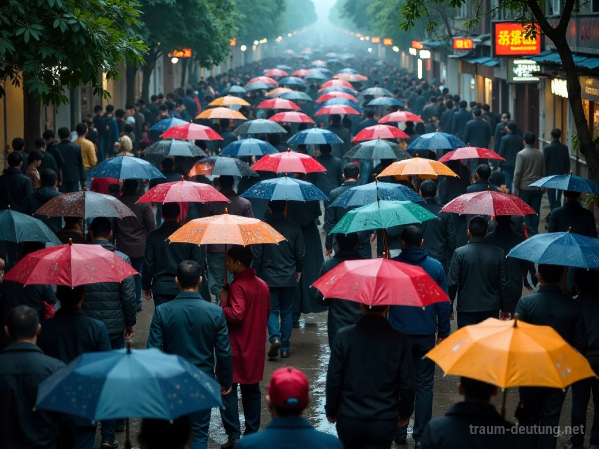 Viele bunte Schirme dicht gedrängt auf einer Straße.