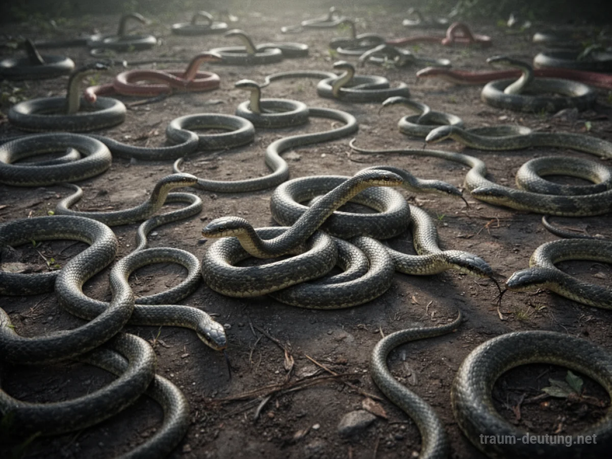 Viele Schlangen auf dunklem Grund kriechen, aus der Vogelperspektive betrachtet.