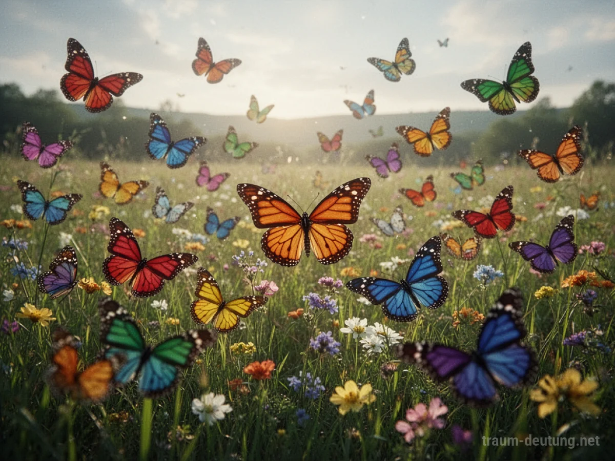Viele bunte Schmetterlinge fliegen in einer sonnigen Wiese.