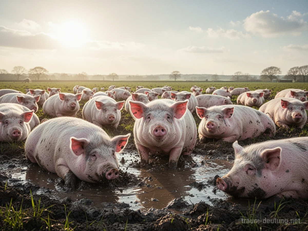 Viele Schweine auf einer sonnigen Weide