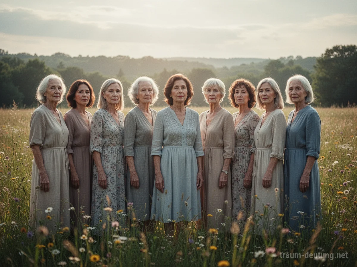 Mehrere Frauen unterschiedlichen Alters stehen friedlich auf einer Wiese.