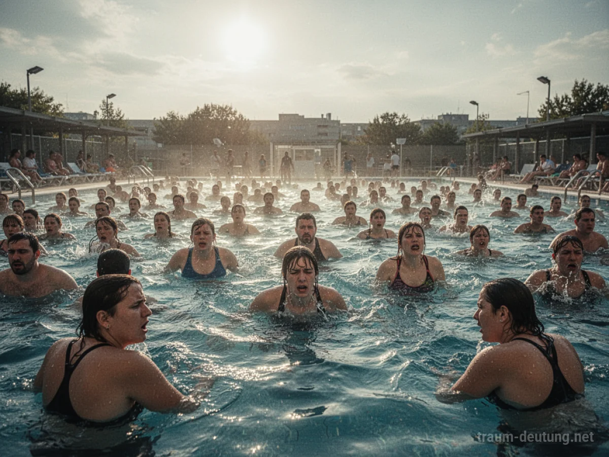 Ein überfülltes Schwimmbad mit vielen Menschen unter einer hellen Sonne.