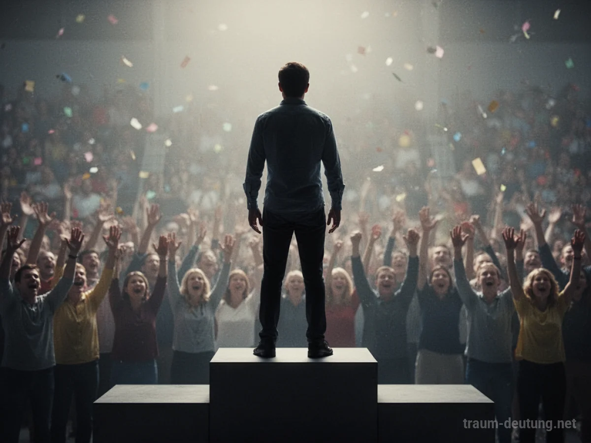 Silhouette einer Person, die auf einem Podium steht und von Fans bejubelt wird