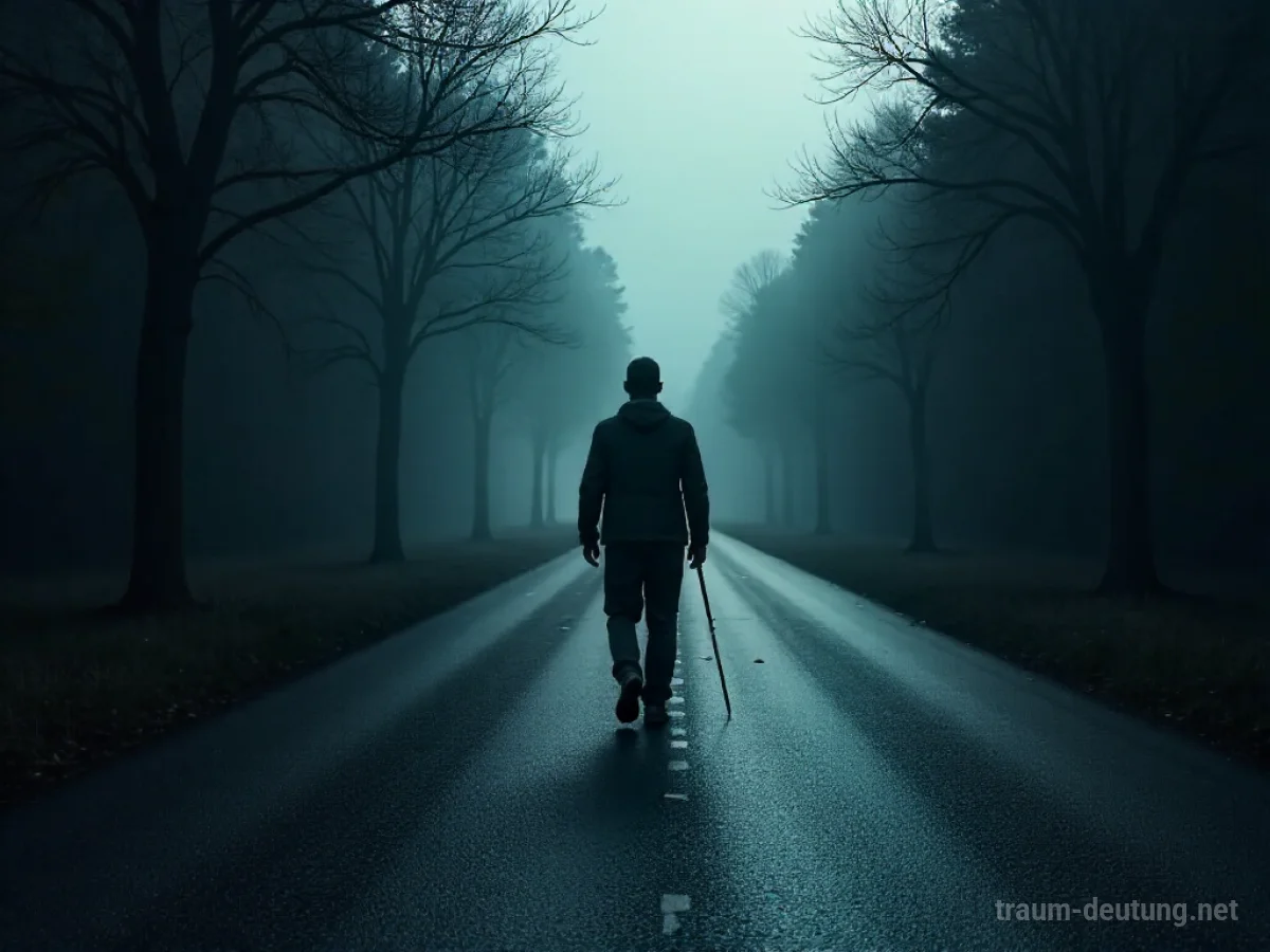 Silhouettenfigur auf dunkler Straße mit einem sich verlängernden Schatten dahinter.