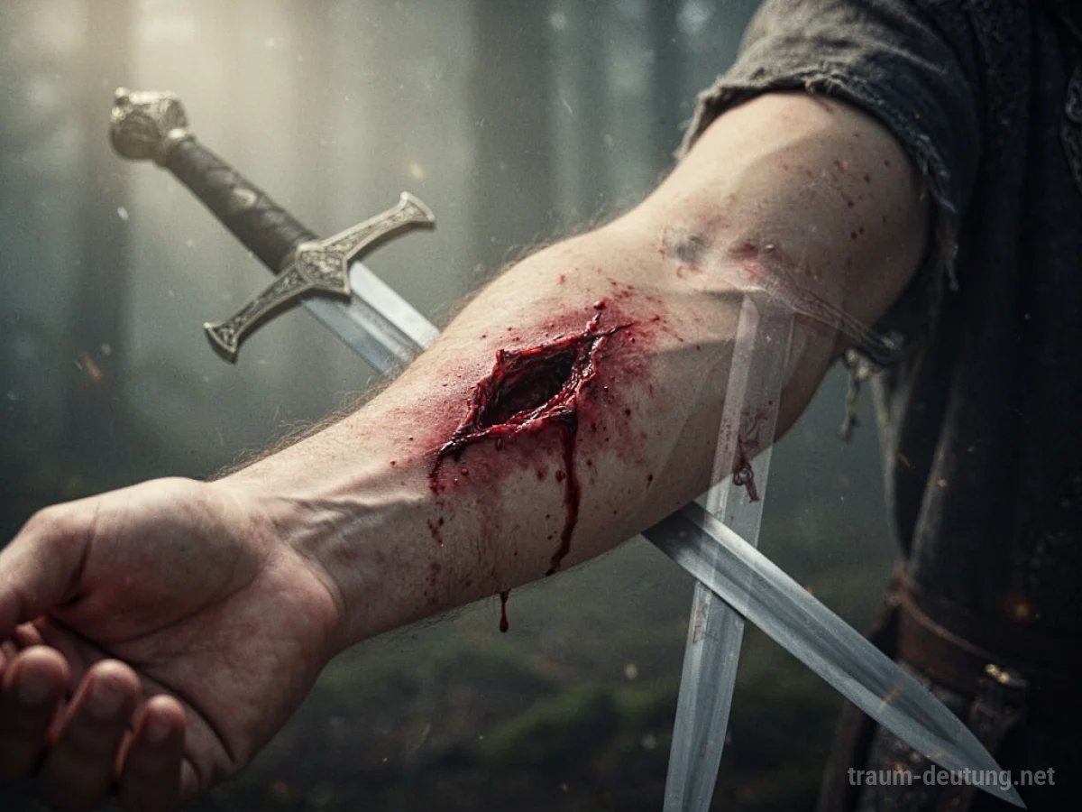 Symbolische Darstellung einer Wunde am Arm, mit einem Schwert in der Nähe.
