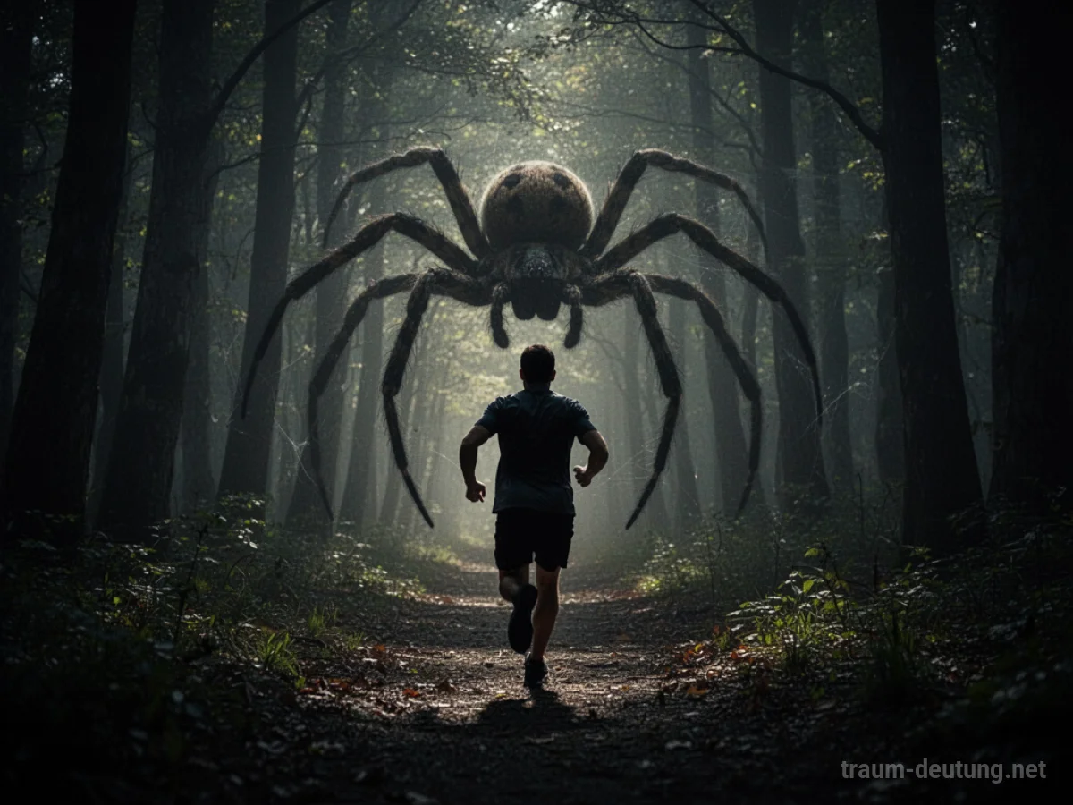 Eine Person flieht vor einer großen Spinne in einem dunklen Wald.