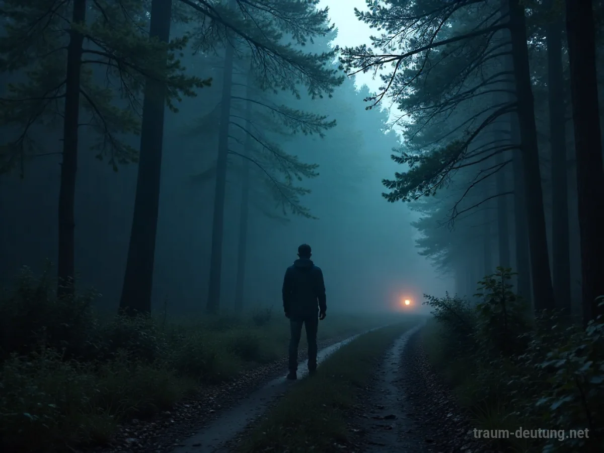Silhouette einer Person an einer Weggabelung im Nebel