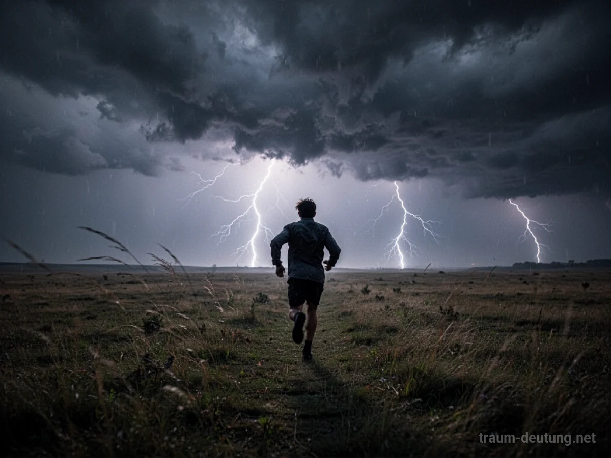 Silhouette einer Person, die vor einem dunklen Unwetter über ein Feld flieht.