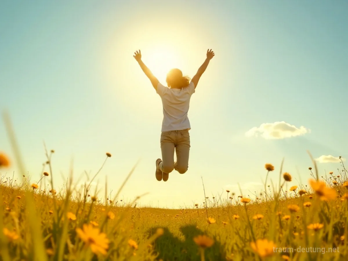Eine Person springt voller Freude in einer sonnigen Wiese.
