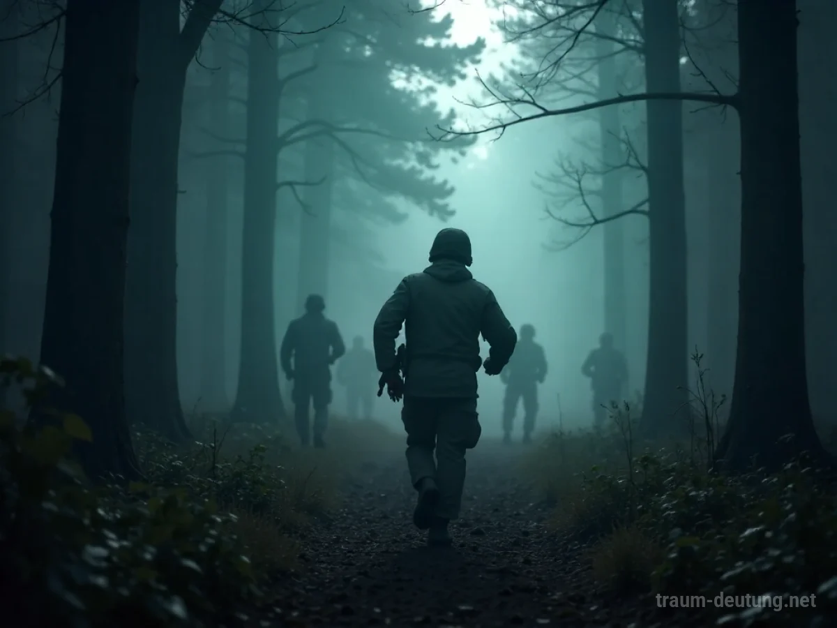 Eine Person flieht durch einen nebligen Wald vor Soldaten.