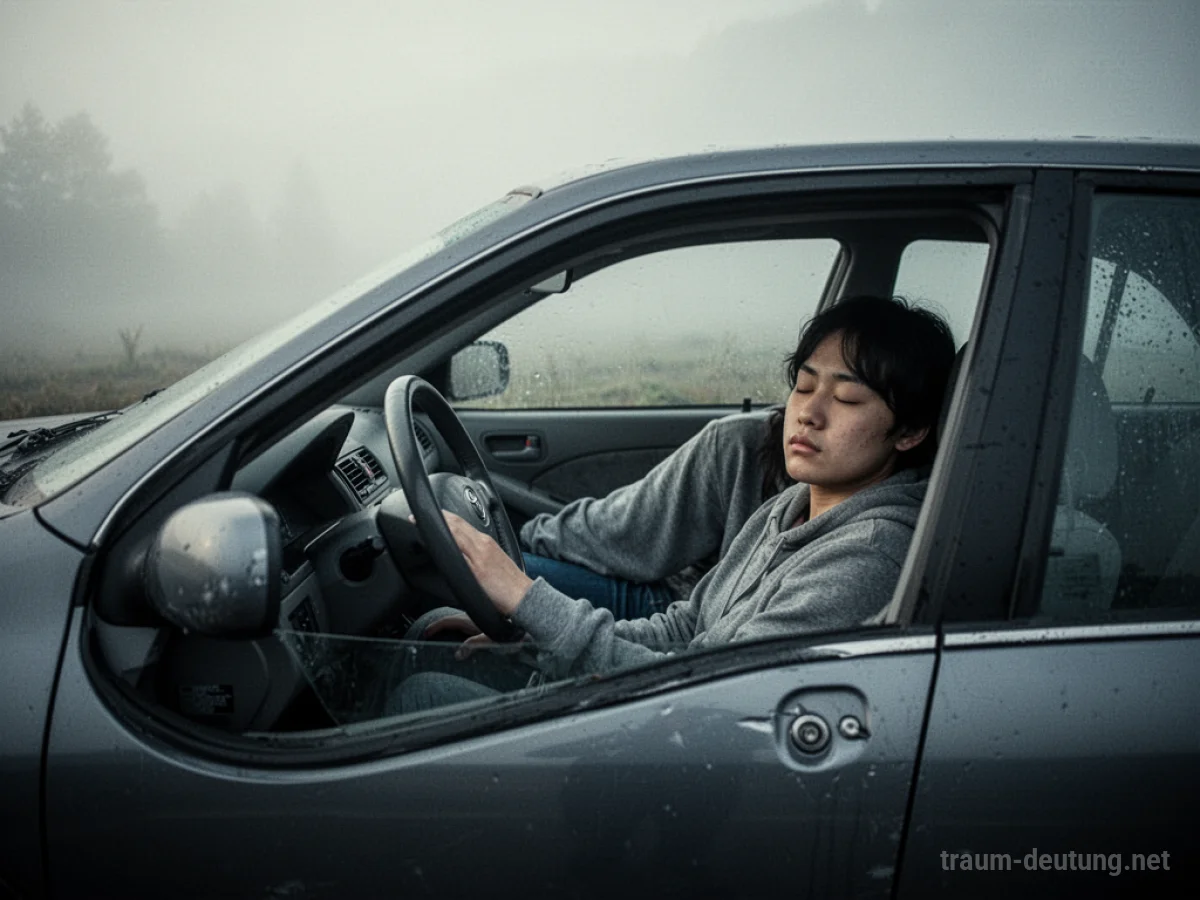 Schlafende Person am Steuer eines Autos, das von der Straße abkommt.