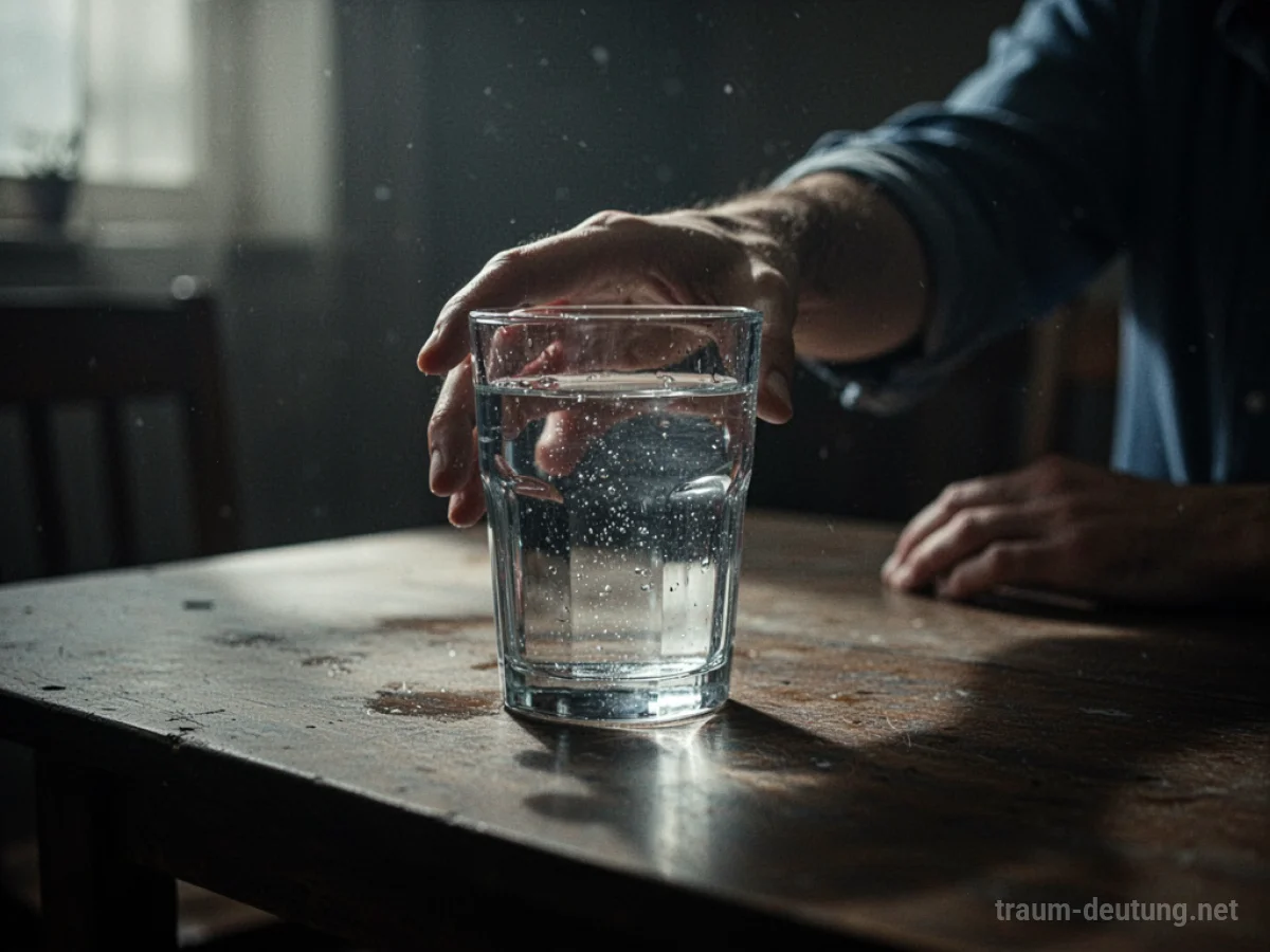 Hand greift nach einem Glas klarem Wasser in einem schwach beleuchteten Raum.