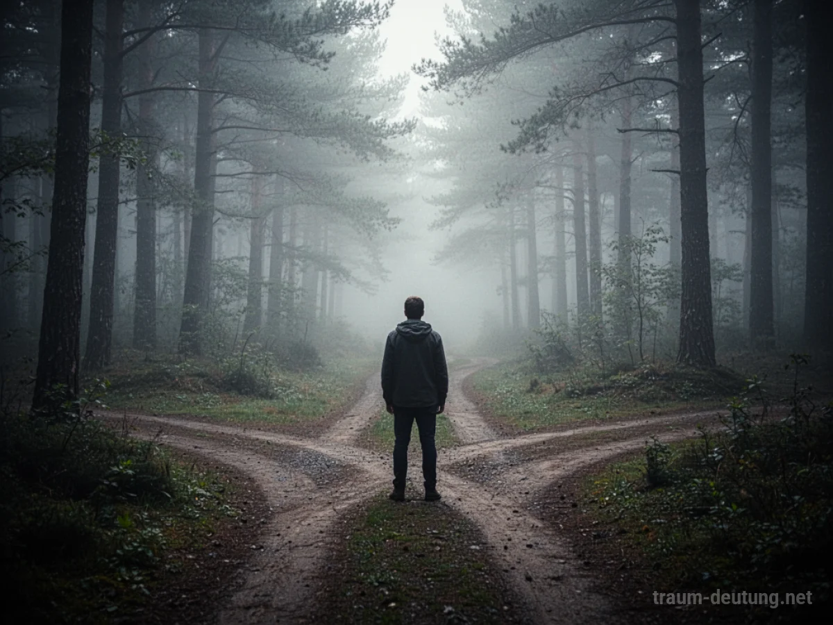 Eine Person steht an einer Weggabelung in einem nebligen Wald.