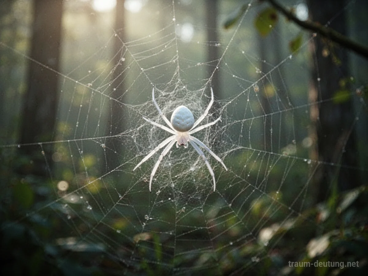 Eine zarte weiße Spinne webt ihr Netz in einer ruhigen Umgebung.