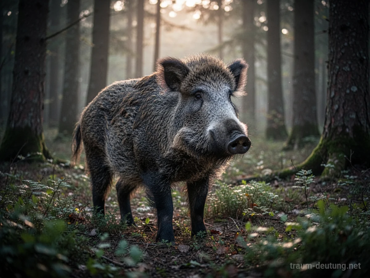Ein Wildschwein steht aufmerksam in einem dichten Wald.