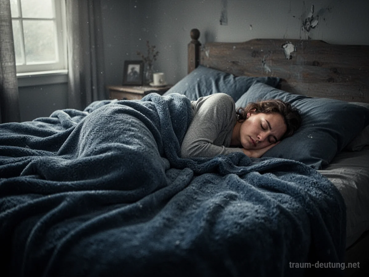 Person schläft tief in einem großen Bett mit dunklen Decken.