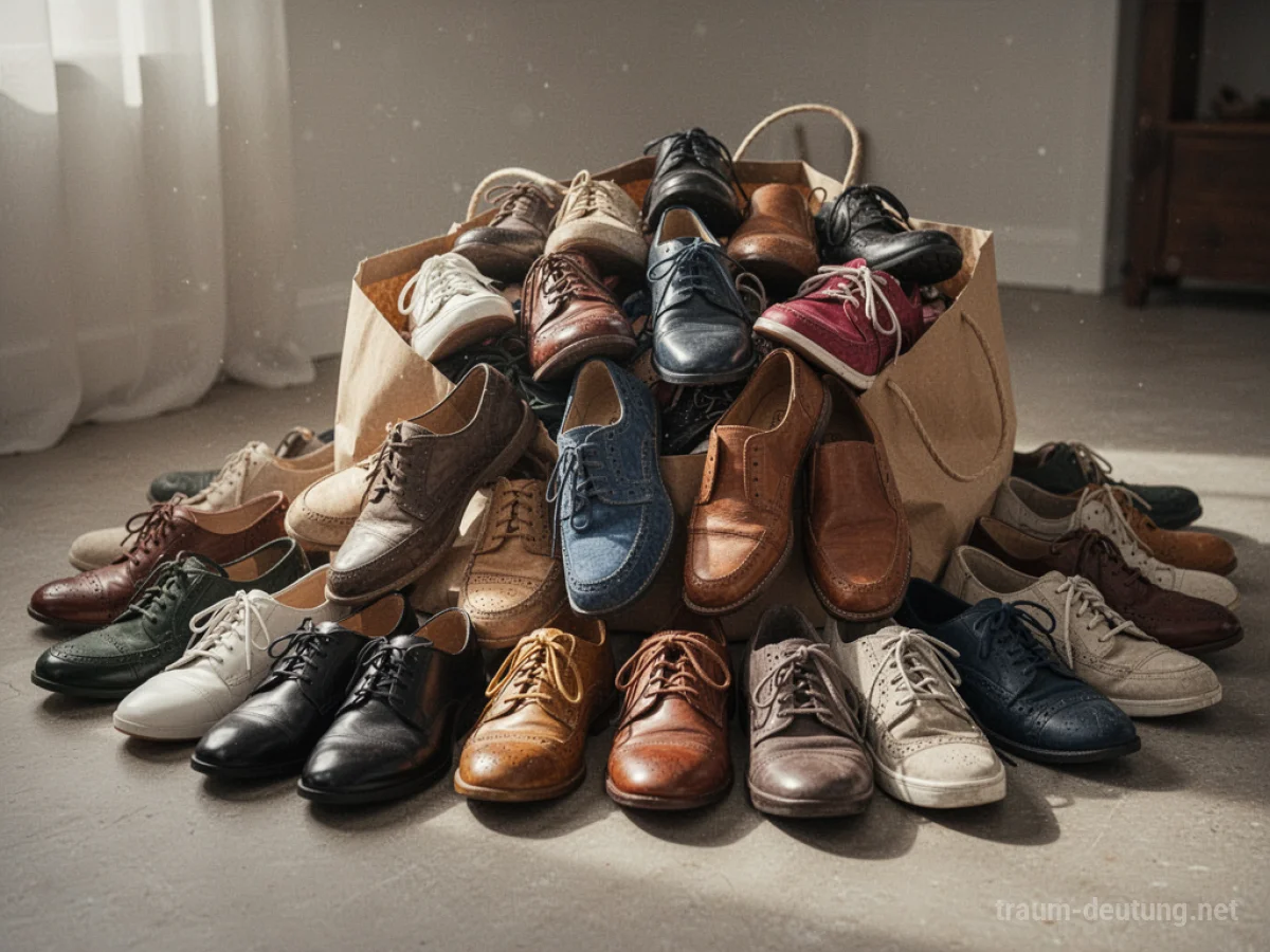 Viele Schuhe stapeln sich auf dem Boden aus einer Einkaufstasche.