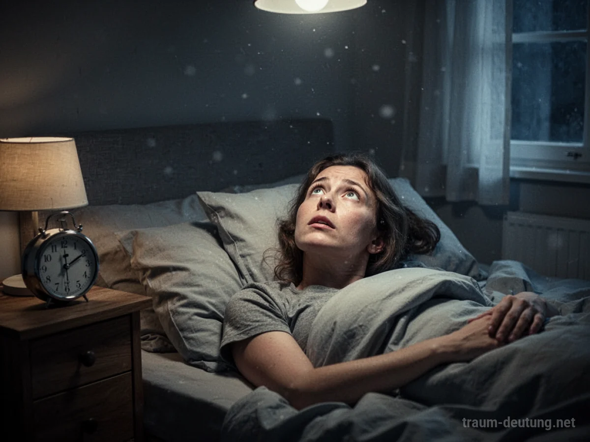 Eine Person liegt wach im Bett und starrt an die Decke.
