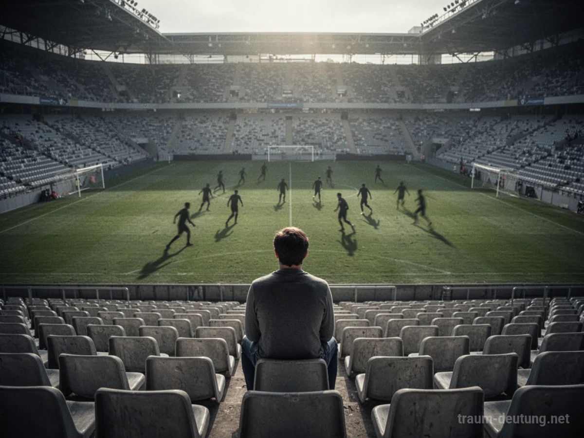 Eine Person sitzt allein auf einer Tribüne und blickt auf ein Spielfeld, wo Schattenfiguren spielen.