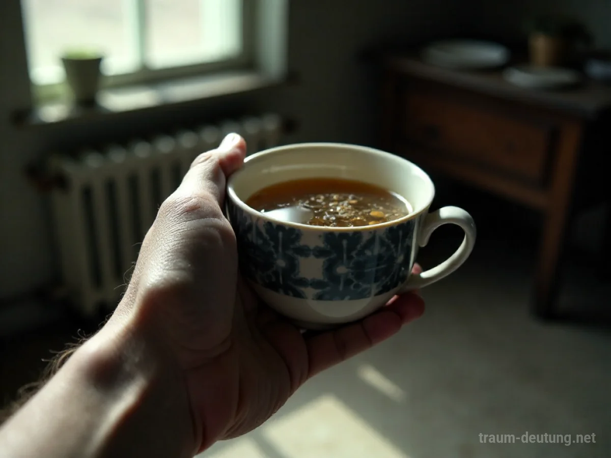 Eine Hand hält eine Tasse mit abgestandenem Tee.