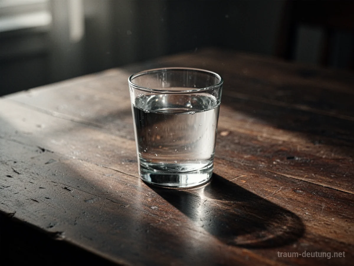 Ein Glas mit klarer Flüssigkeit auf einem dunklen Tisch.