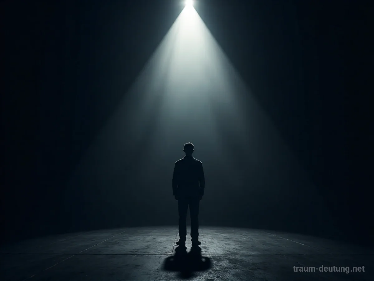 Eine Person steht allein auf einer dunklen Theaterbühne im Scheinwerferlicht.