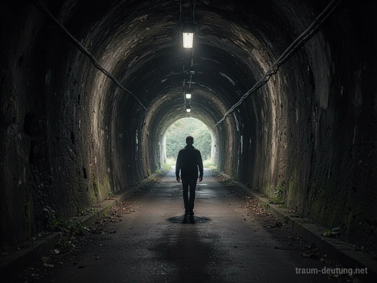 Eine einzelne Person geht allein durch einen dunklen, langen Tunnel.