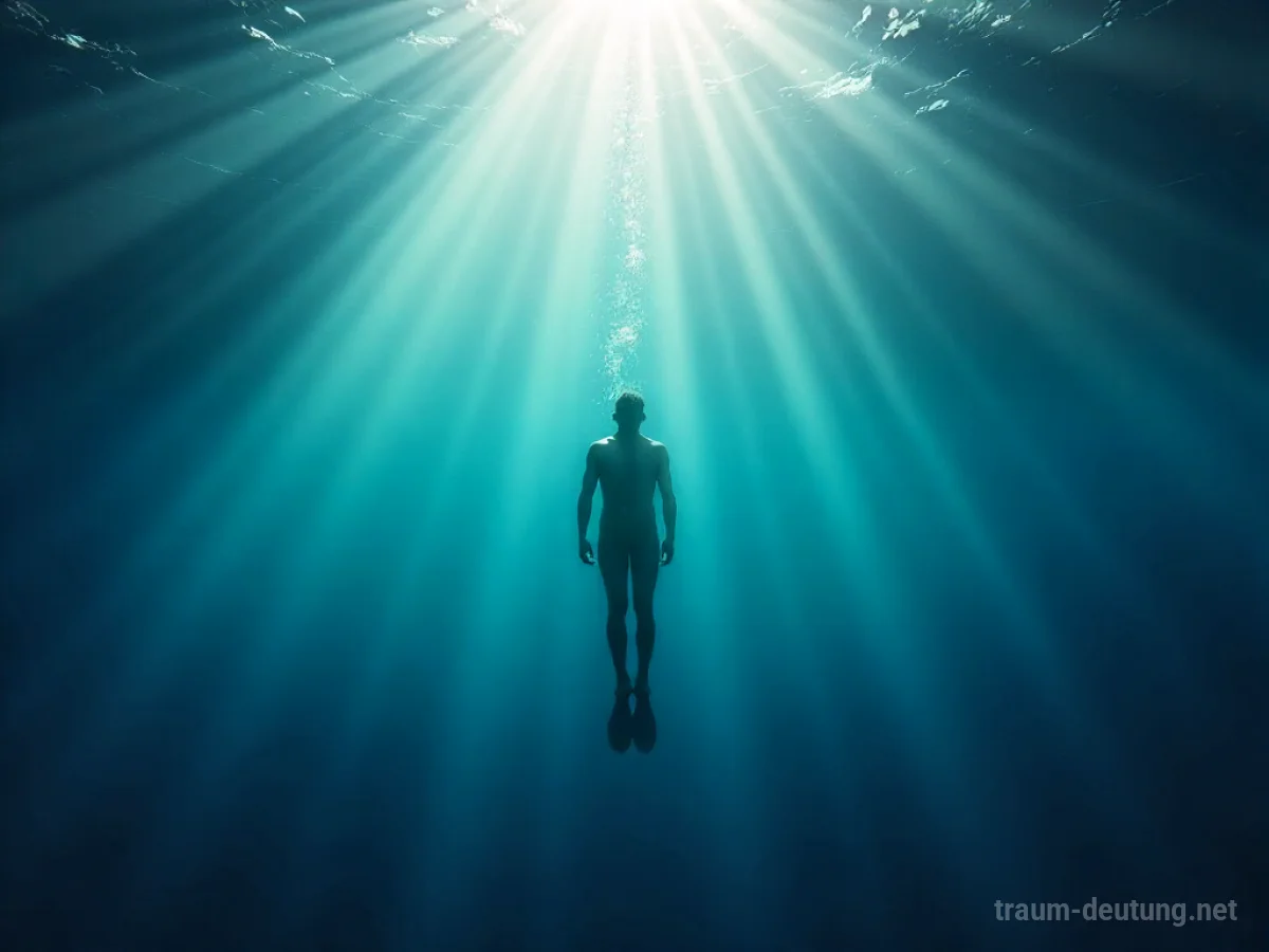 Eine Person taucht allein in klarem, blauem Wasser, Sonnenlicht dringt von oben ein.