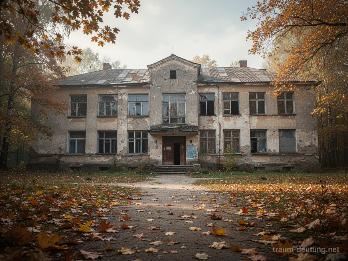 Altes Schulgebäude mit Herbstlaub vor dem Eingang