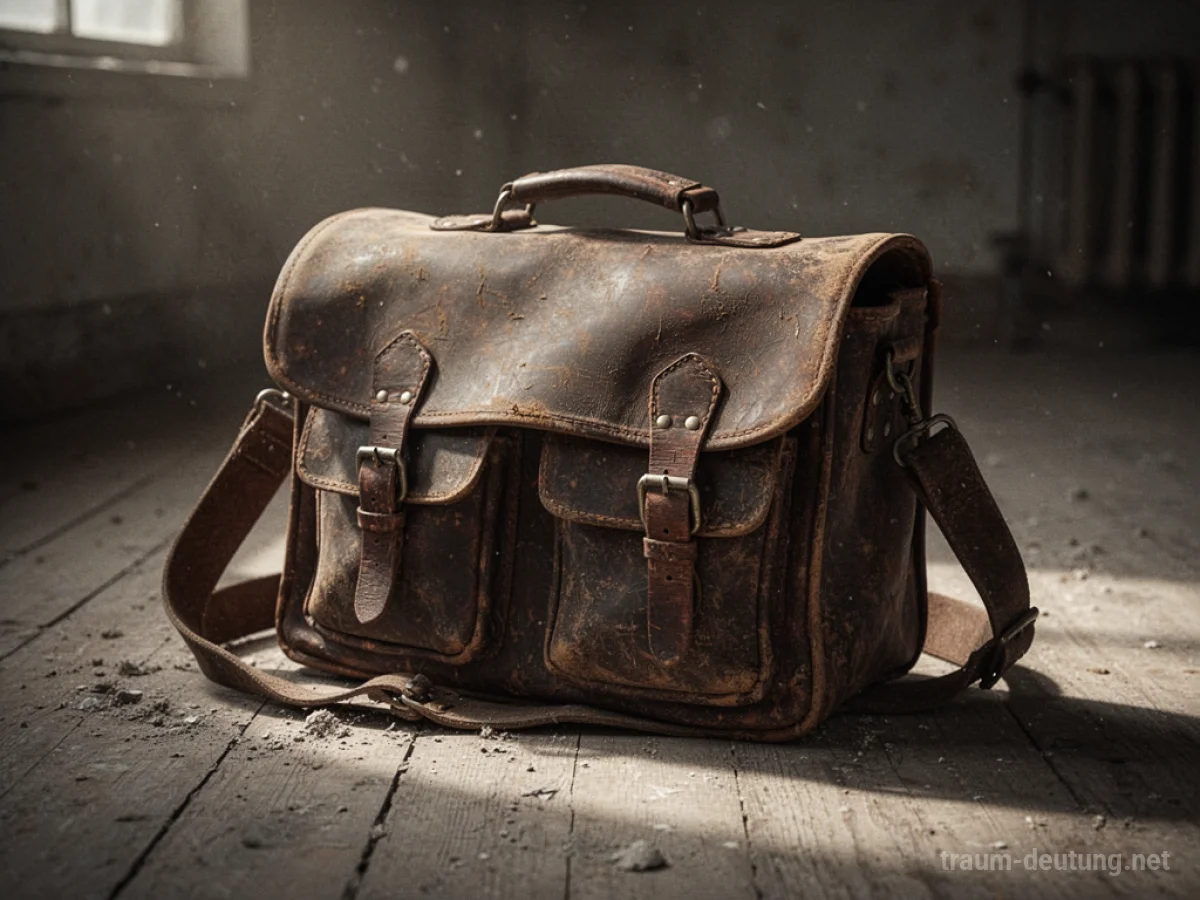 Alte Ledertasche auf staubigem Holzboden.