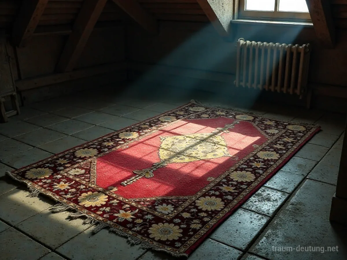 Ein alter, abgenutzter Teppich liegt auf einem staubigen Dachboden.