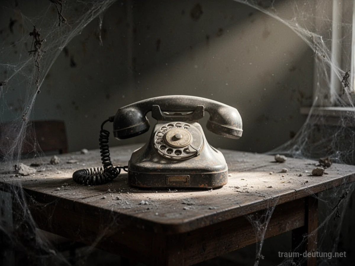 Ein altes Wähltelefon auf einem staubigen Tisch in einem dunklen Raum.