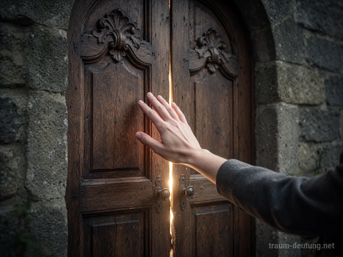 Eine Hand klopft an eine schwere Holztür, durch die ein Licht scheint.