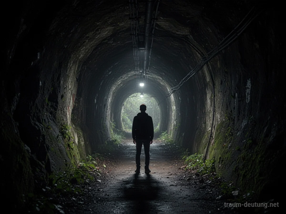Eine Person steht am Eingang eines dunklen Tunnels und blickt unsicher hinein.