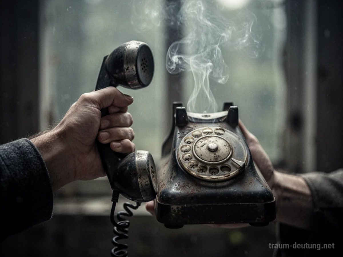 Eine Hand hält ein altes Telefon, aus dem Rauch aufsteigt, vor einem unscharfen Hintergrund.