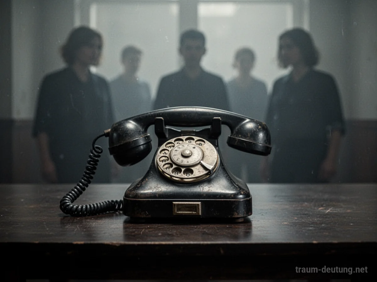 Ein altes Telefon klingelt auf einem Tisch, im Hintergrund schemenhafte Gestalten.