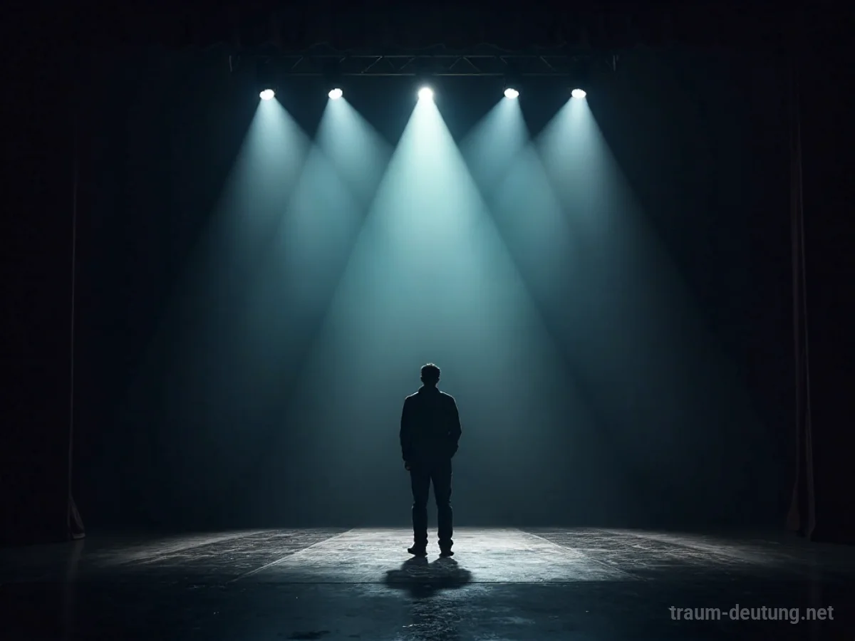 Eine Person steht allein auf einer Theaterbühne im Spotlight.