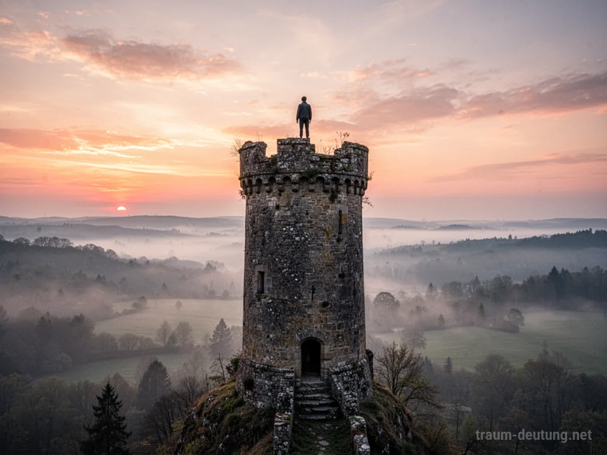 Figur steht auf einem hohen Turm und blickt über eine neblige Landschaft bei Sonnenaufgang.