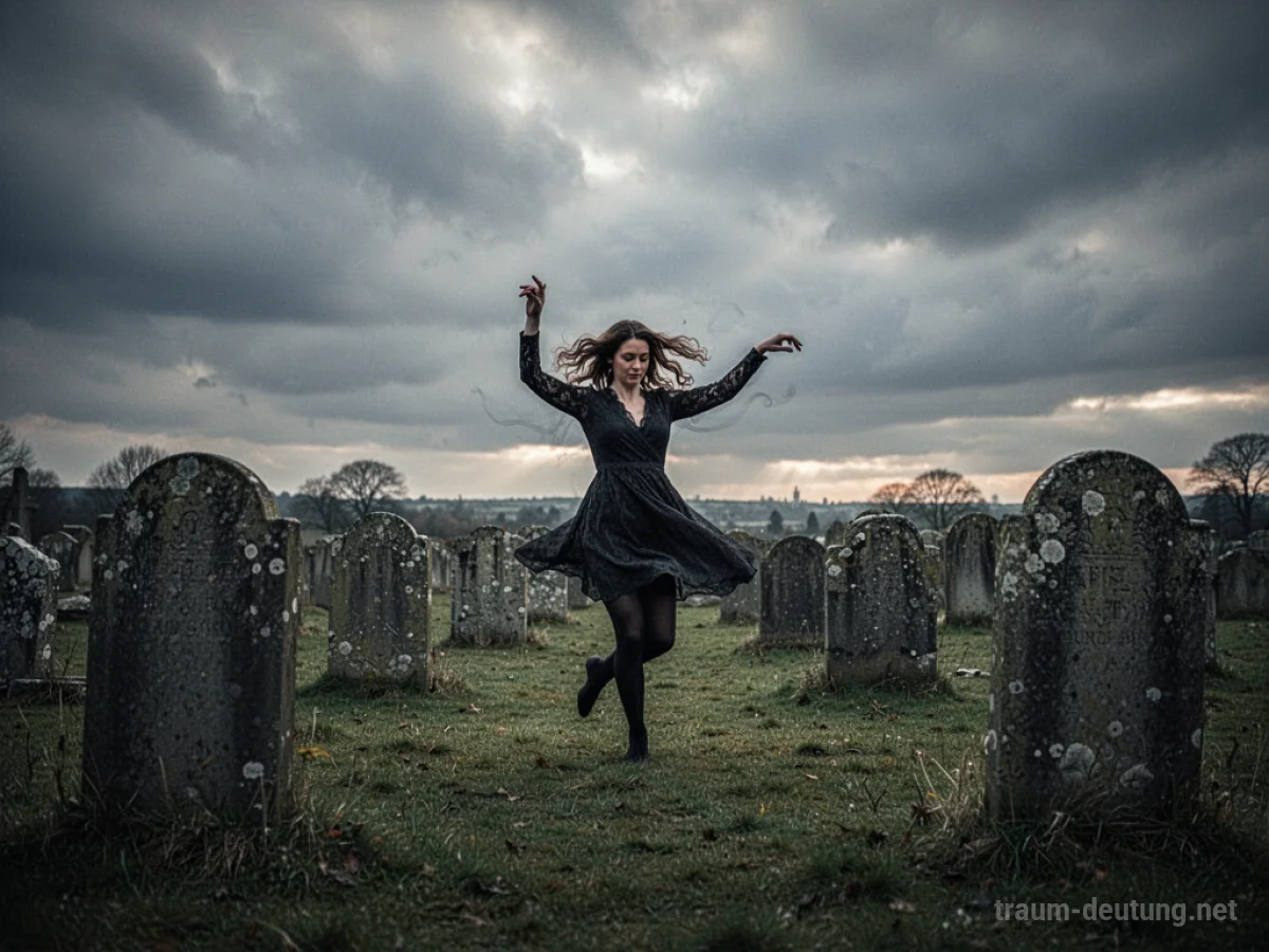 Eine Person tanzt auf einem Friedhof zwischen alten Grabsteinen, der Himmel ist bedeckt.