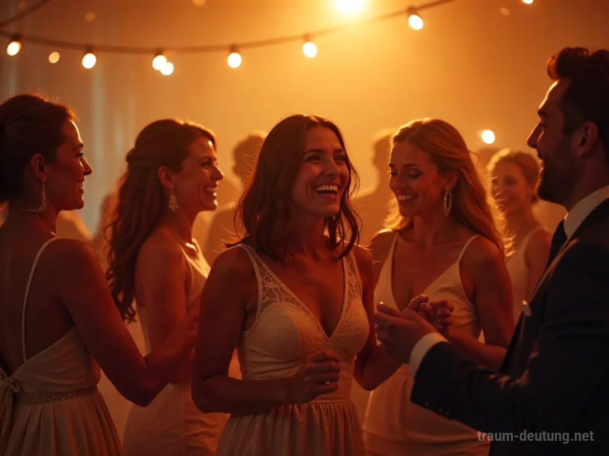 Menschen tanzen fröhlich auf einer Hochzeitsparty im Schein warmer Lichter.
