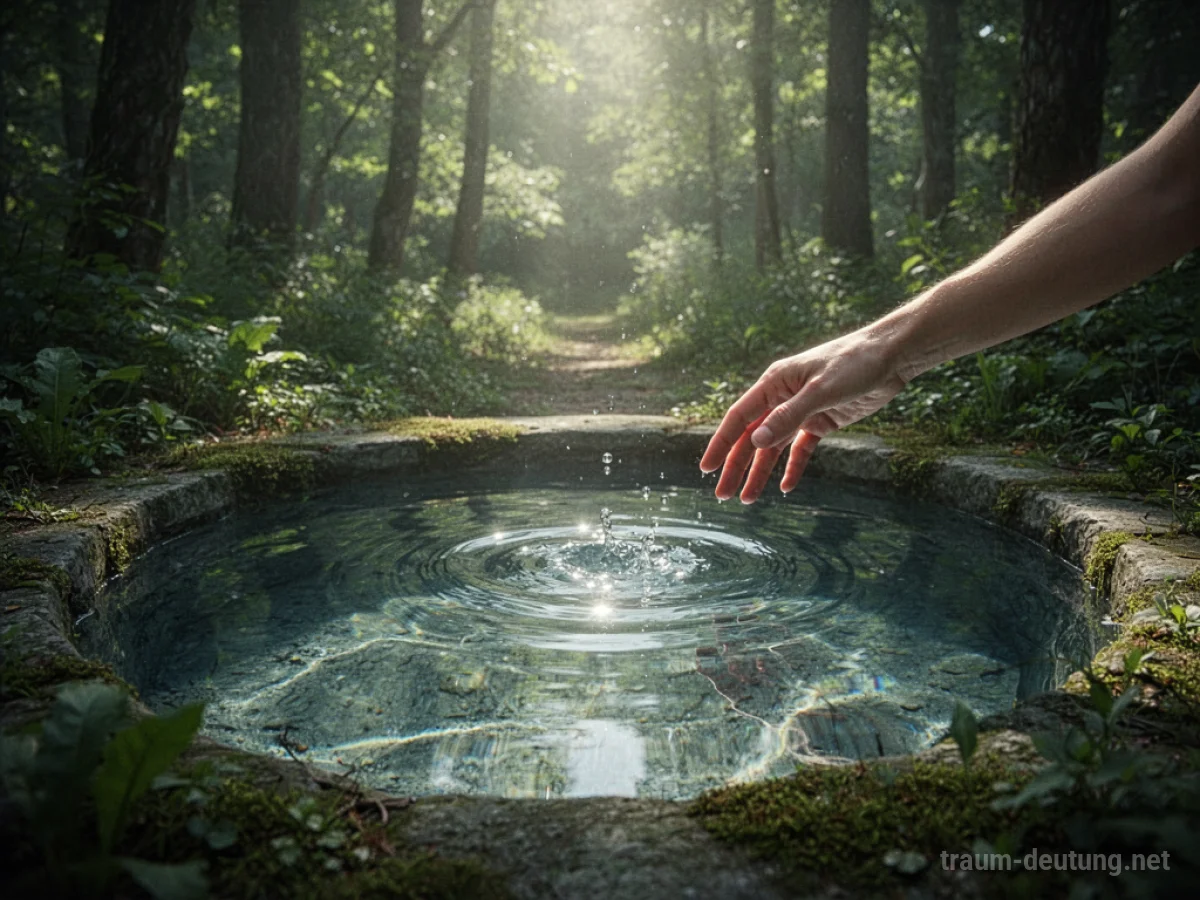 Eine Hand greift nach dem klaren Wasser in einem Brunnen im Wald.