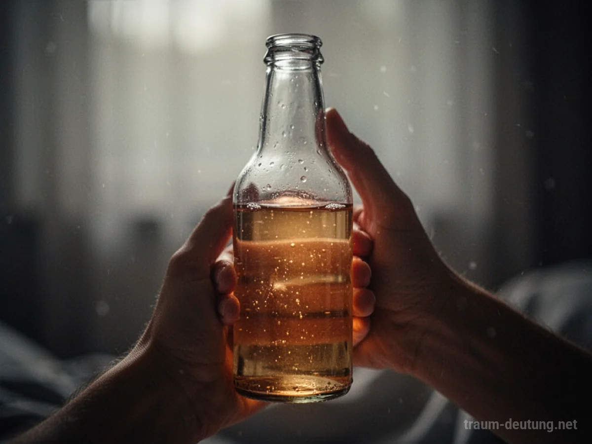 Hand hält eine Glasflasche mit Flüssigkeit im Fokus