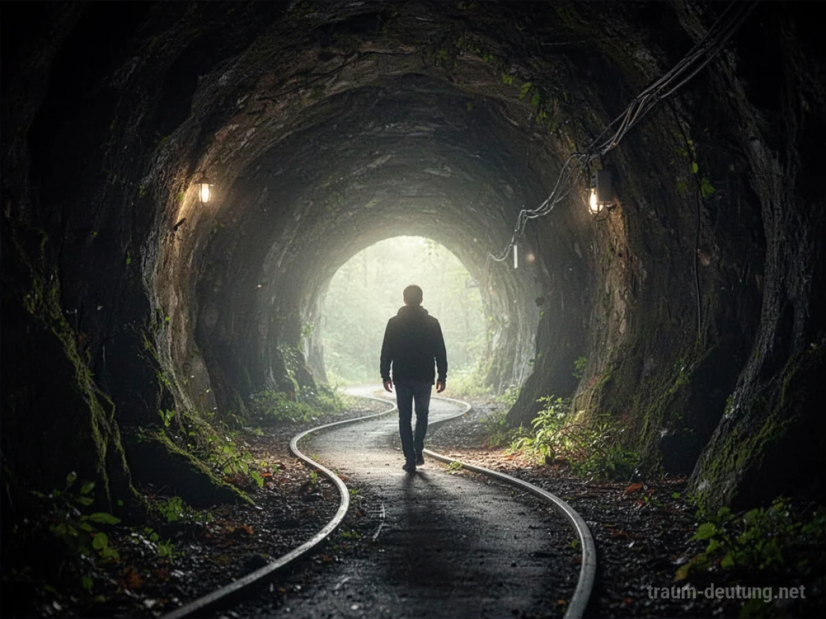 Eine Person geht auf ein helles Licht am Ende eines dunklen Tunnels zu.