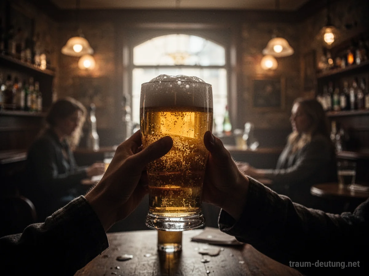 Glas Bier mit Schaum in der Hand, leicht verschwommenes Kneipeninterieur im Hintergrund