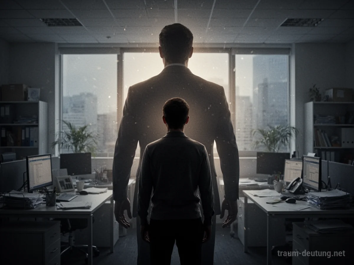 Silhouette einer Person steht vor einer größeren Silhouette eines Chefs in einem Büro.