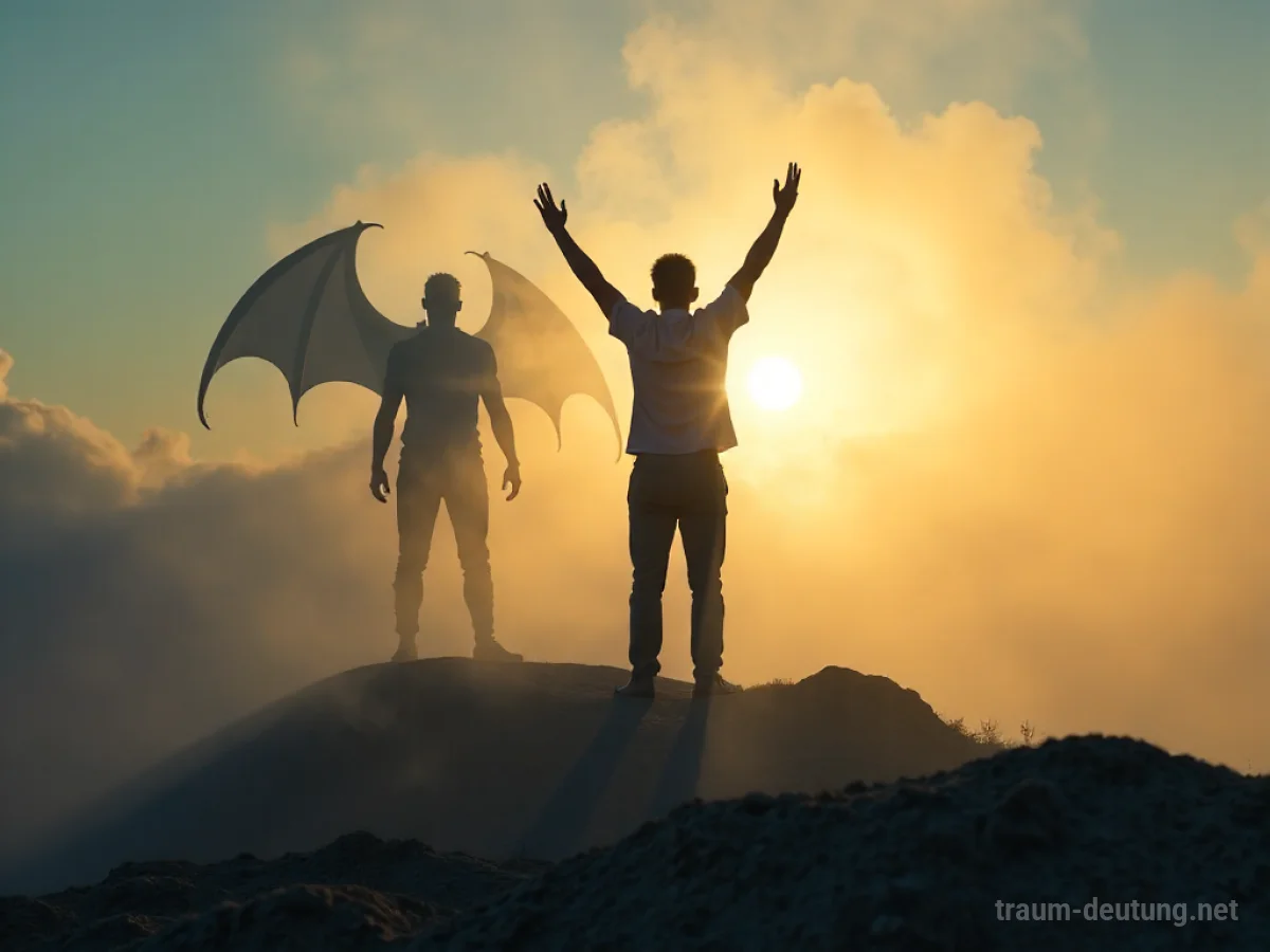 Silhouetten einer Person, die den Teufel im Traum besiegt, mit erhobenen Armen im Morgengrauen.