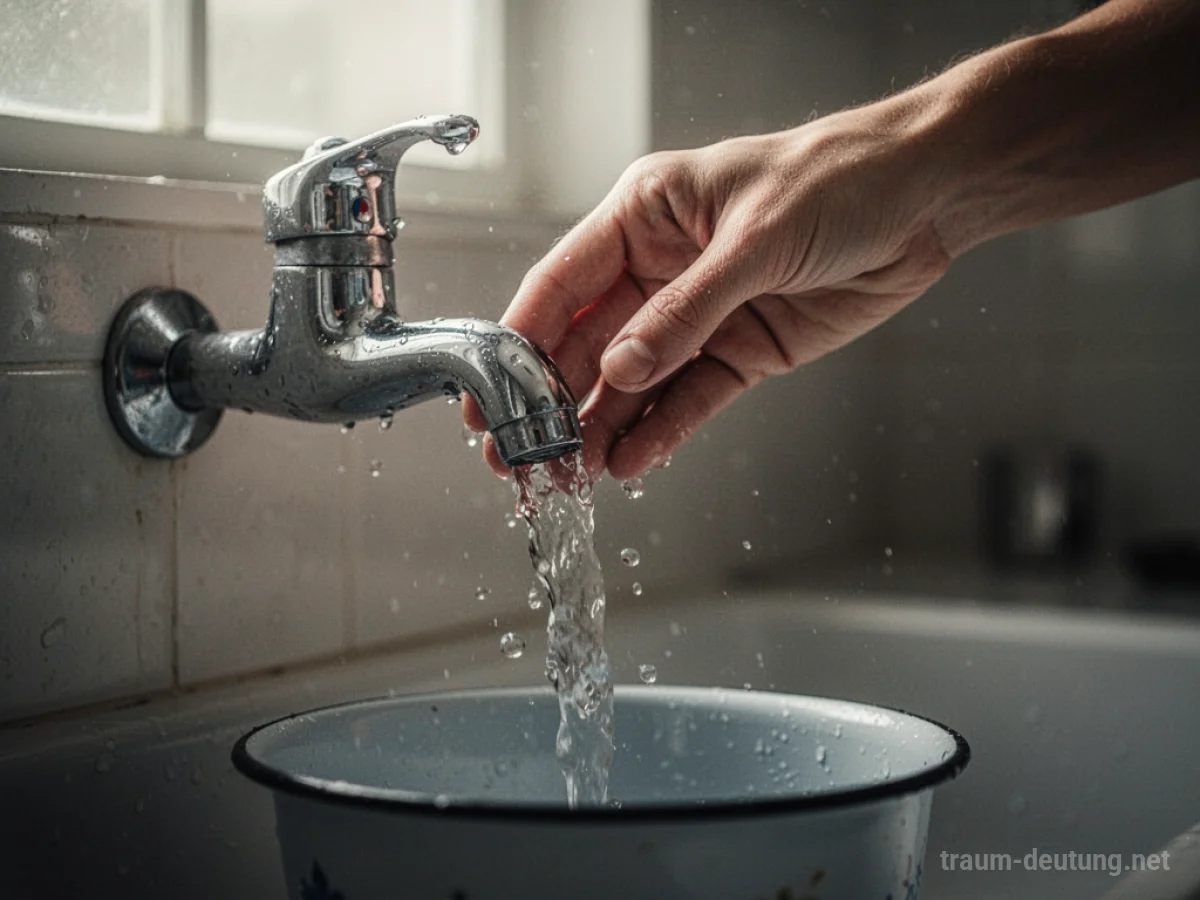 Hand dreht Wasserhahn auf, klares Wasser fließt.