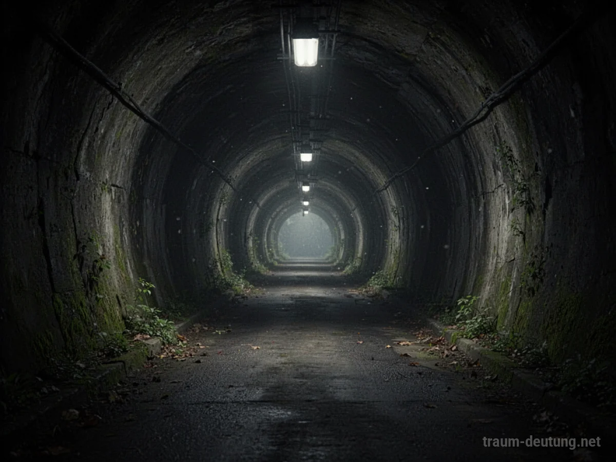 Ein langer, dunkler Tunnel mit schwachem Licht am Ende.